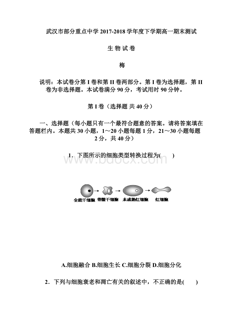 湖北省武汉市部分重点中学学年高一下学期期末测试生物试题 Word版含答案.docx_第2页