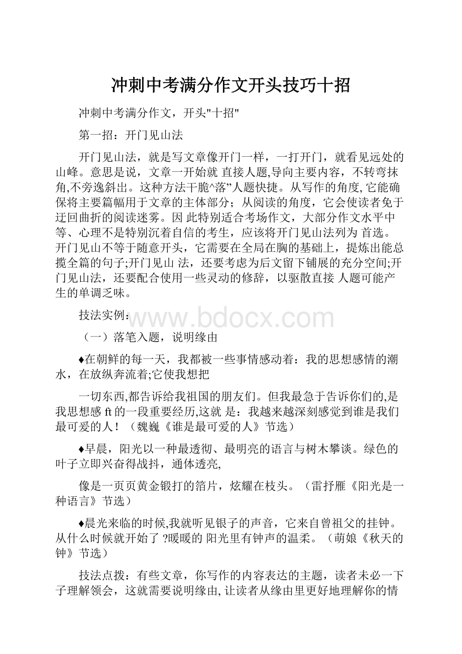 冲刺中考满分作文开头技巧十招Word文档格式.docx