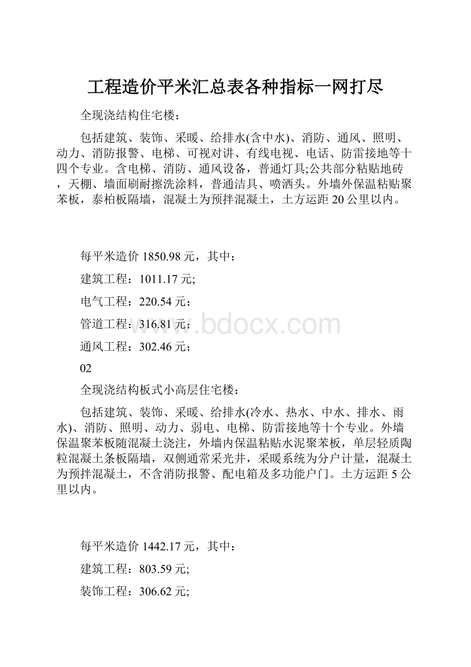 工程造价平米汇总表各种指标一网打尽.docx