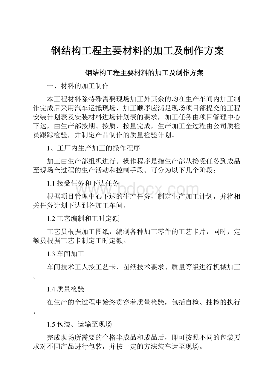 钢结构工程主要材料的加工及制作方案Word文档下载推荐.docx