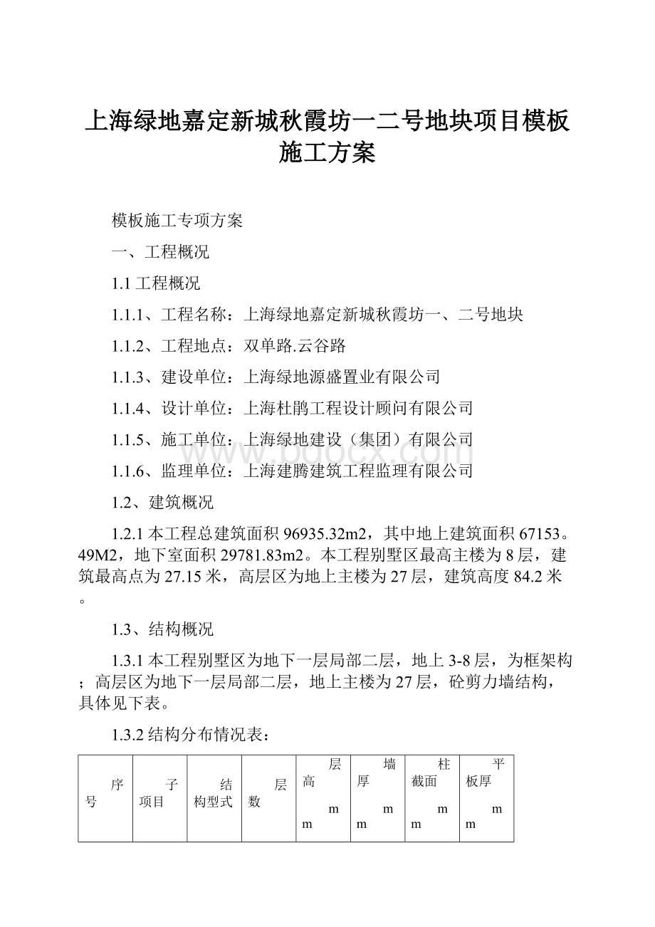 上海绿地嘉定新城秋霞坊一二号地块项目模板施工方案.docx_第1页