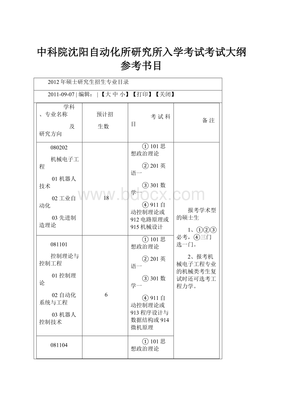 中科院沈阳自动化所研究所入学考试考试大纲参考书目.docx