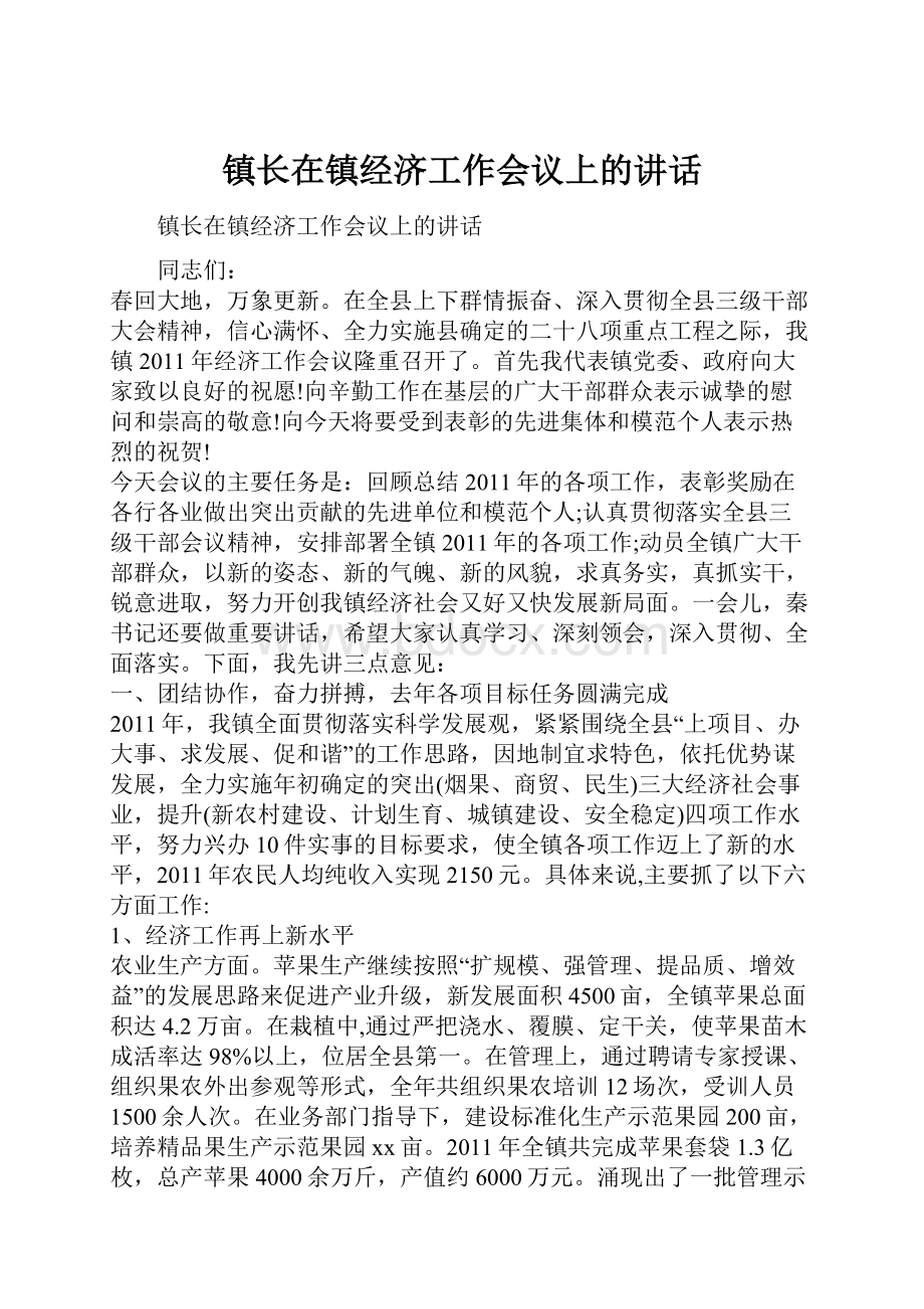 镇长在镇经济工作会议上的讲话Word文档下载推荐.docx