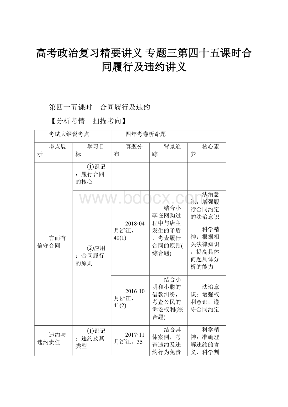 高考政治复习精要讲义 专题三第四十五课时合同履行及违约讲义.docx