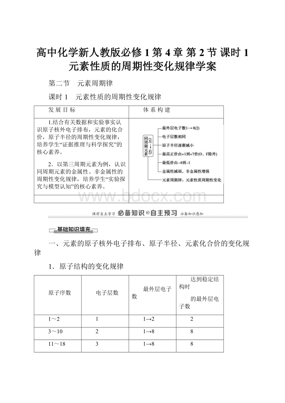 高中化学新人教版必修1第4章 第2节 课时1 元素性质的周期性变化规律学案.docx_第1页