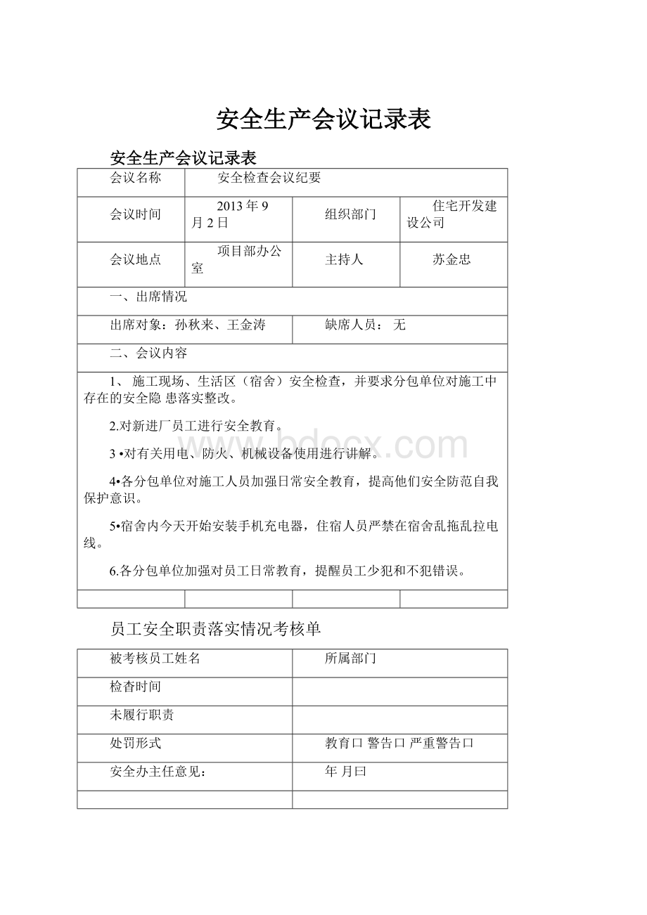 安全生产会议记录表Word文档下载推荐.docx