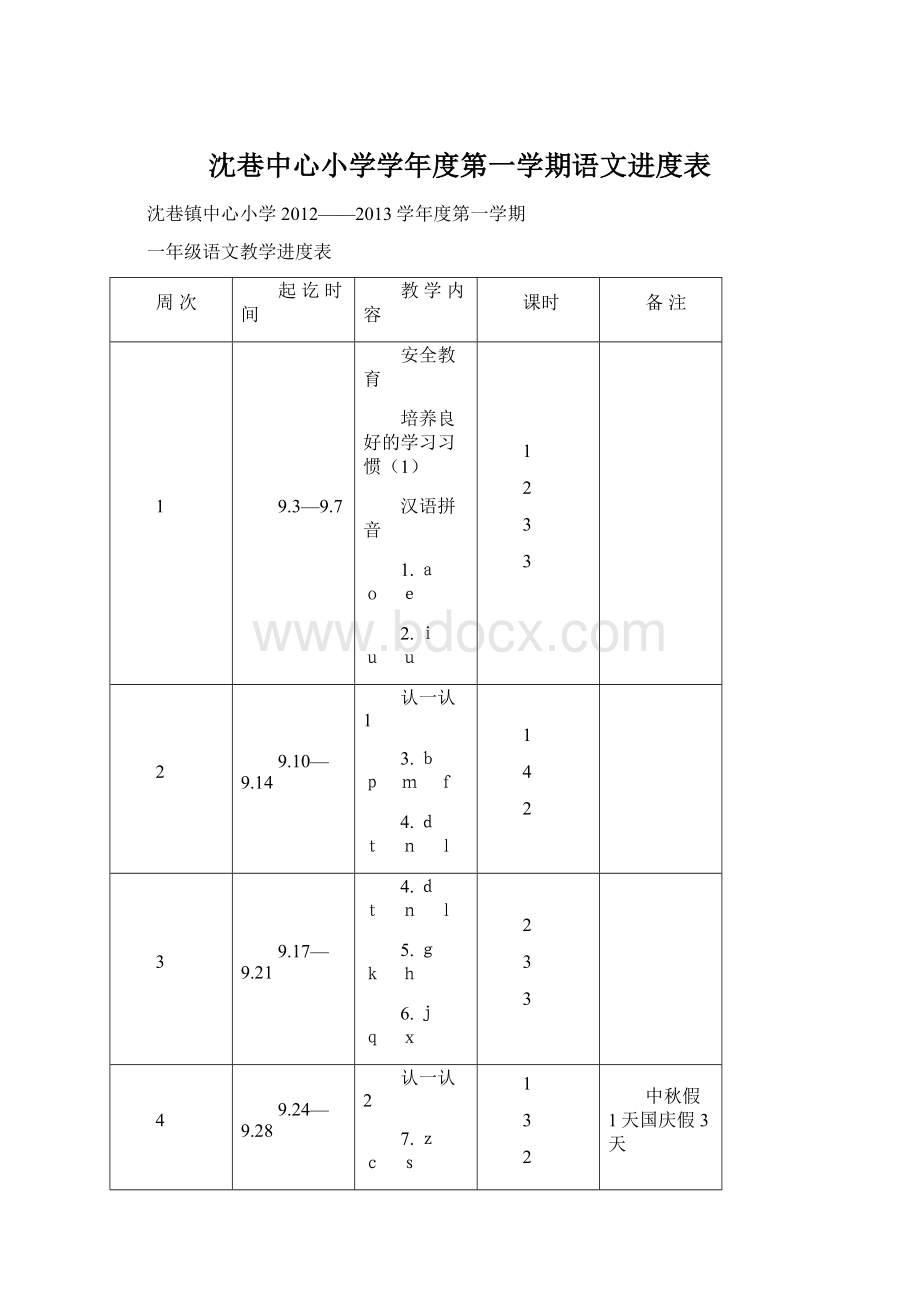 沈巷中心小学学年度第一学期语文进度表.docx_第1页