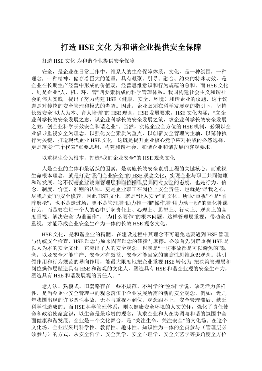 打造HSE文化 为和谐企业提供安全保障Word文档下载推荐.docx_第1页