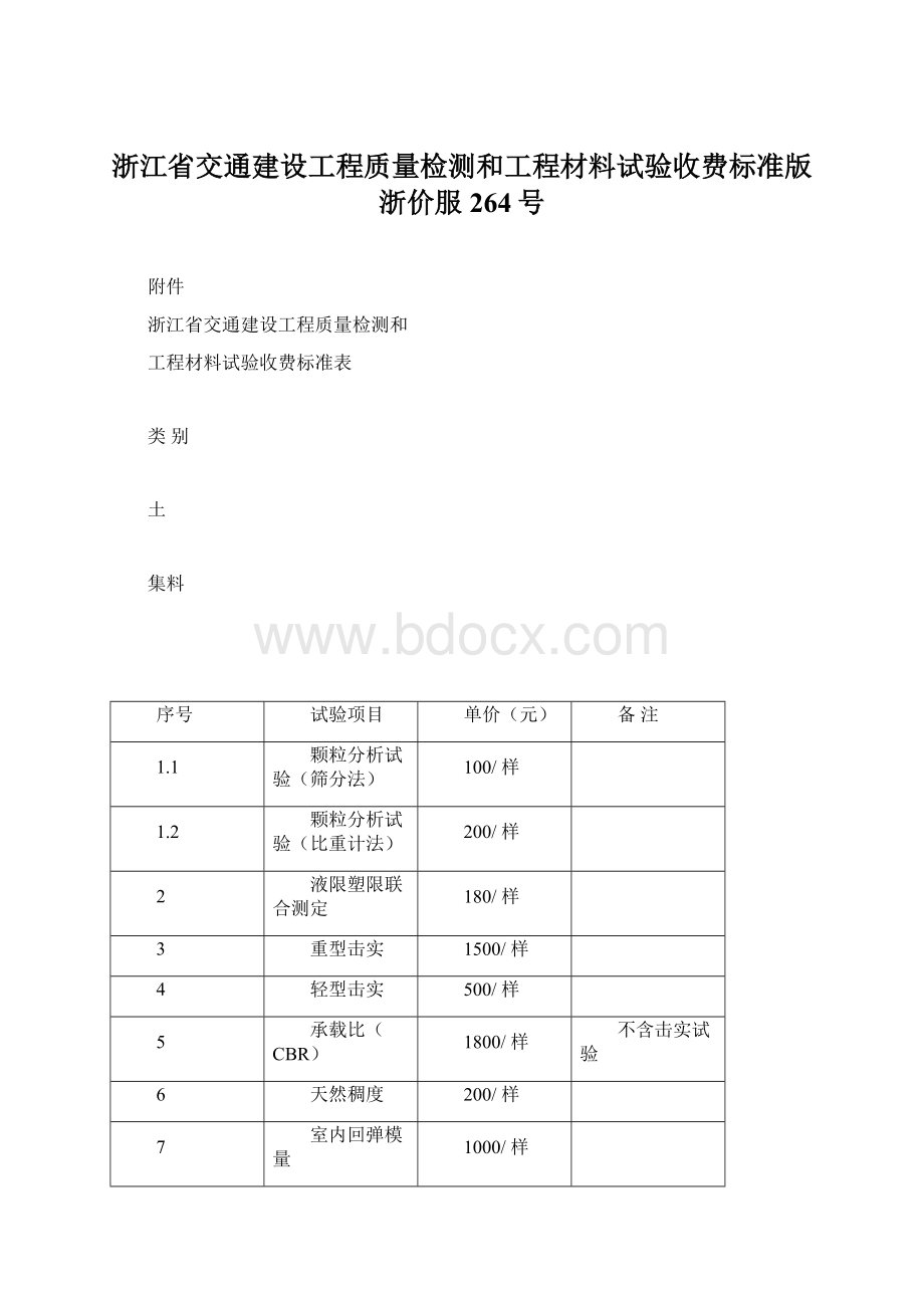 浙江省交通建设工程质量检测和工程材料试验收费标准版浙价服264号.docx_第1页