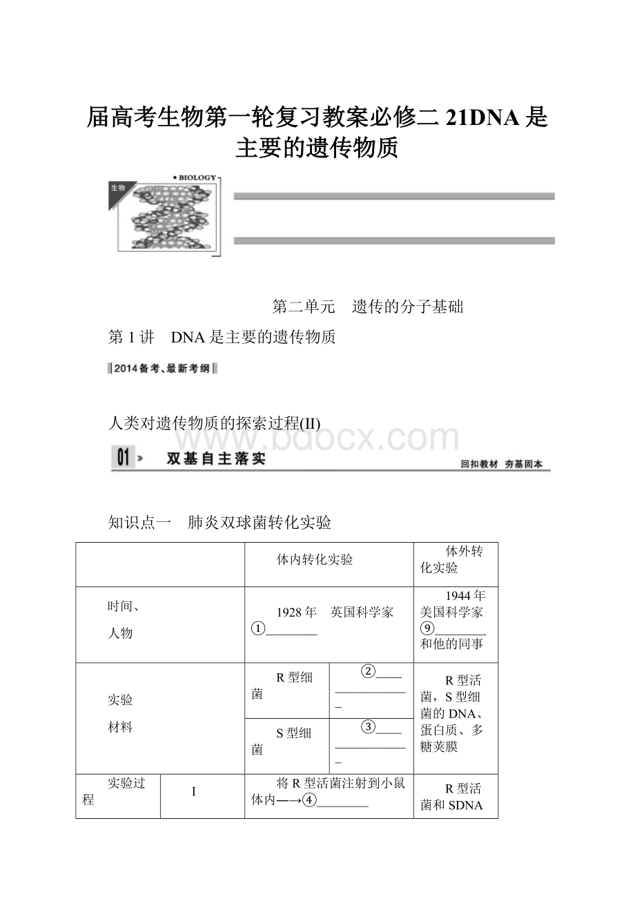 届高考生物第一轮复习教案必修二21DNA是主要的遗传物质.docx_第1页