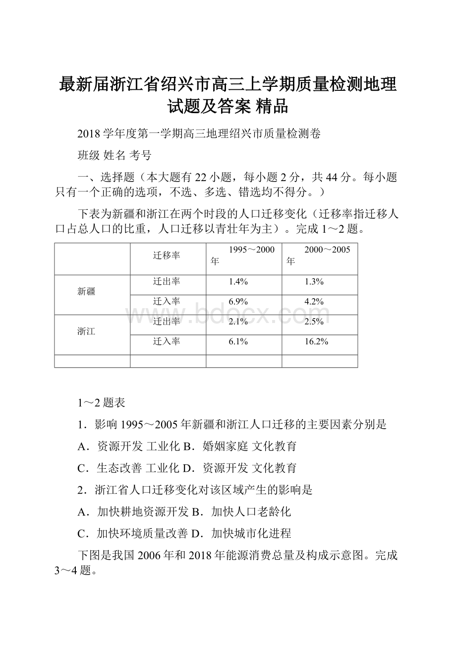 最新届浙江省绍兴市高三上学期质量检测地理试题及答案 精品Word文档下载推荐.docx_第1页