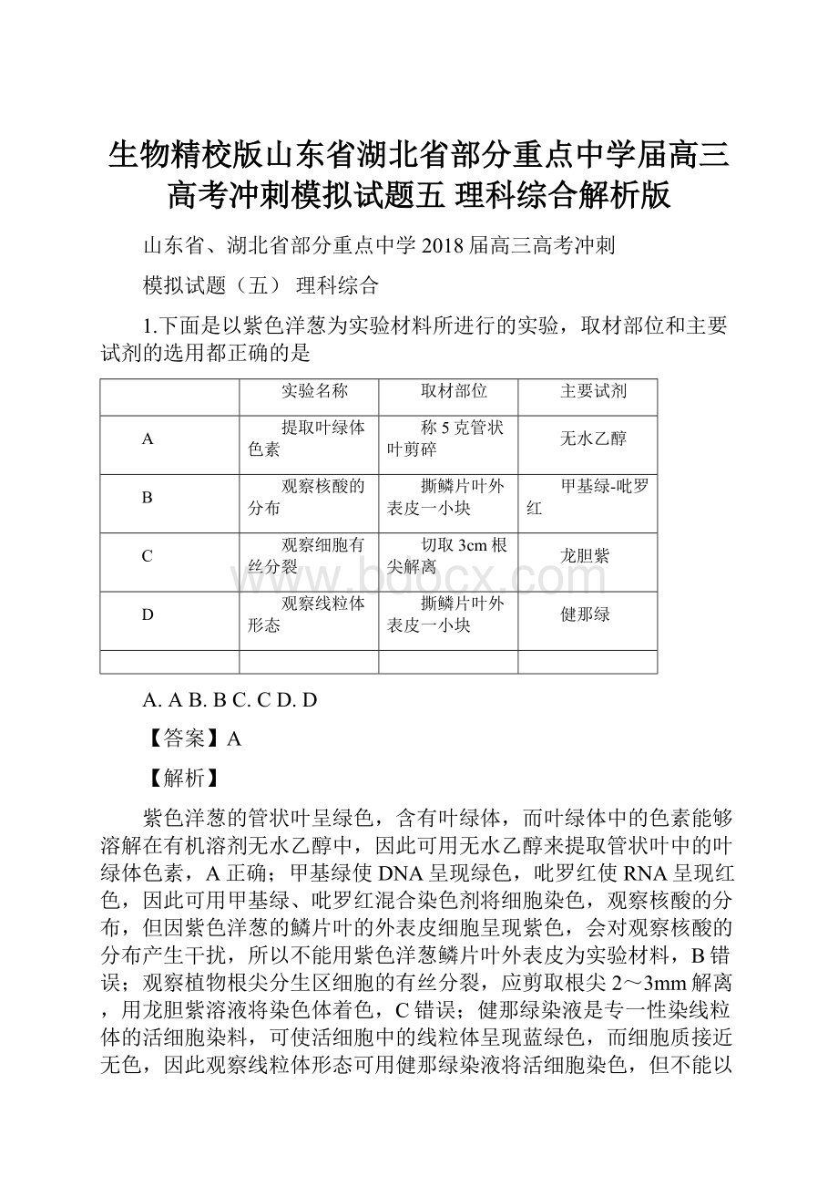 生物精校版山东省湖北省部分重点中学届高三高考冲刺模拟试题五 理科综合解析版.docx