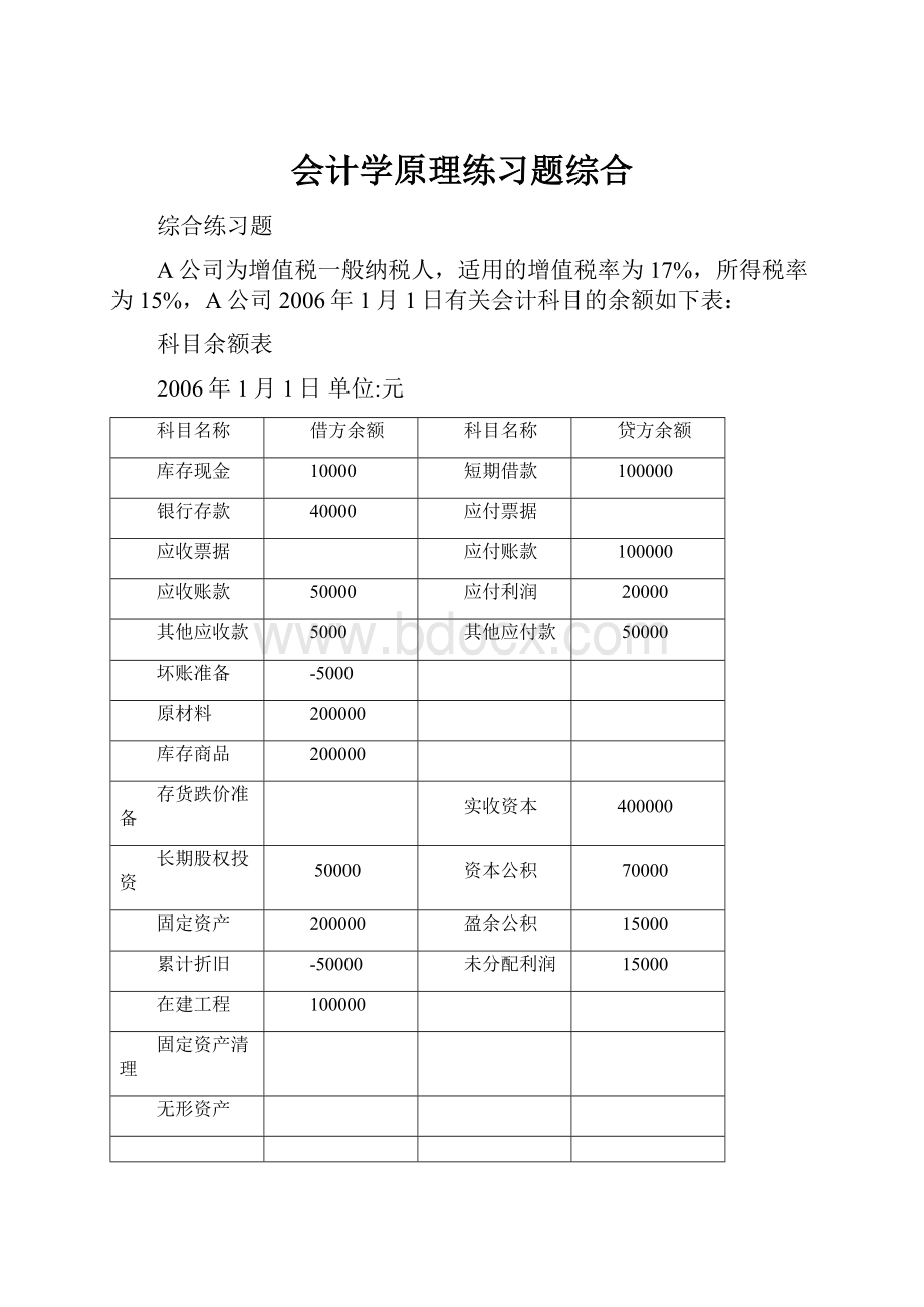 会计学原理练习题综合Word文档下载推荐.docx_第1页