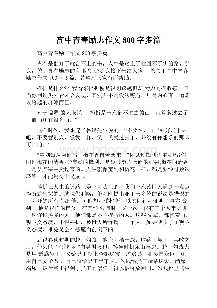 高中青春励志作文800字多篇Word格式文档下载.docx