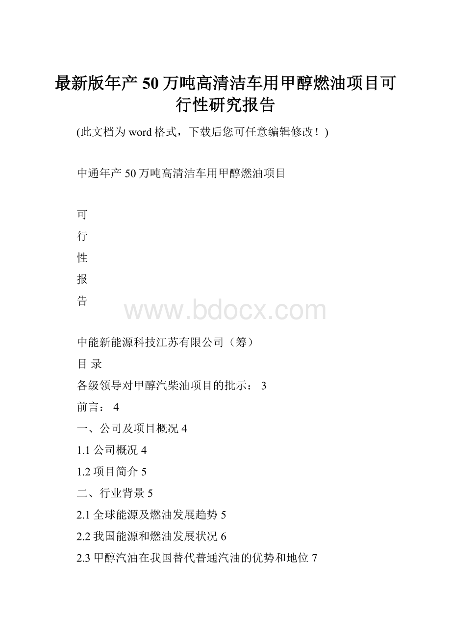 最新版年产50万吨高清洁车用甲醇燃油项目可行性研究报告Word文档格式.docx