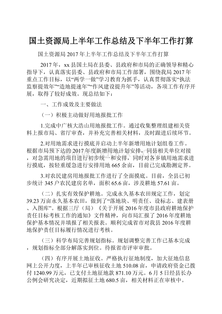 国土资源局上半年工作总结及下半年工作打算.docx_第1页