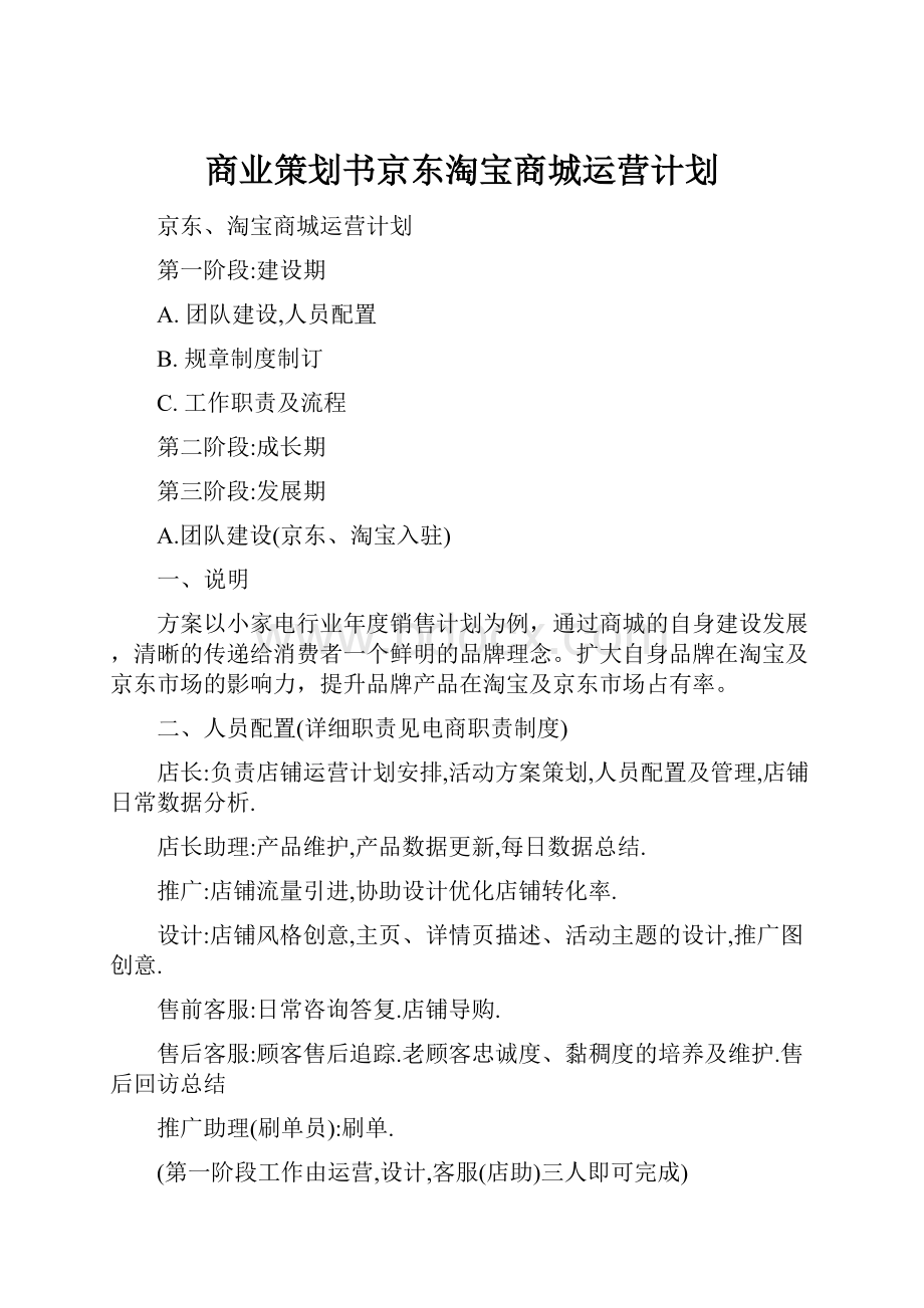 商业策划书京东淘宝商城运营计划.docx