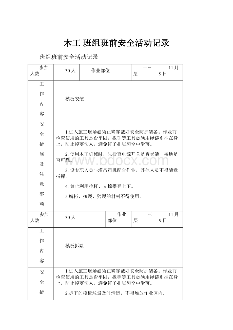 木工 班组班前安全活动记录.docx