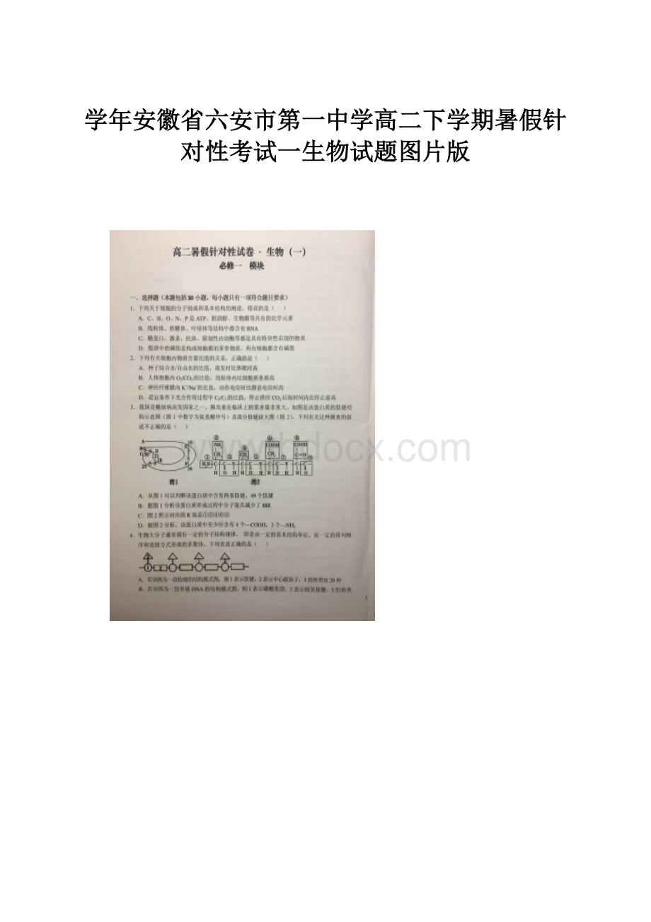 学年安徽省六安市第一中学高二下学期暑假针对性考试一生物试题图片版.docx_第1页