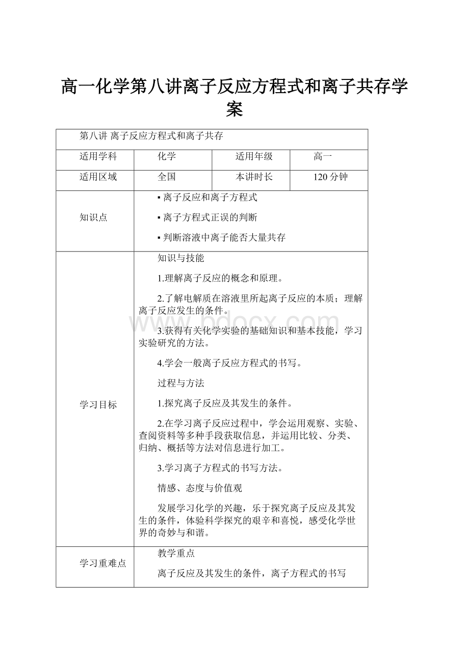 高一化学第八讲离子反应方程式和离子共存学案.docx