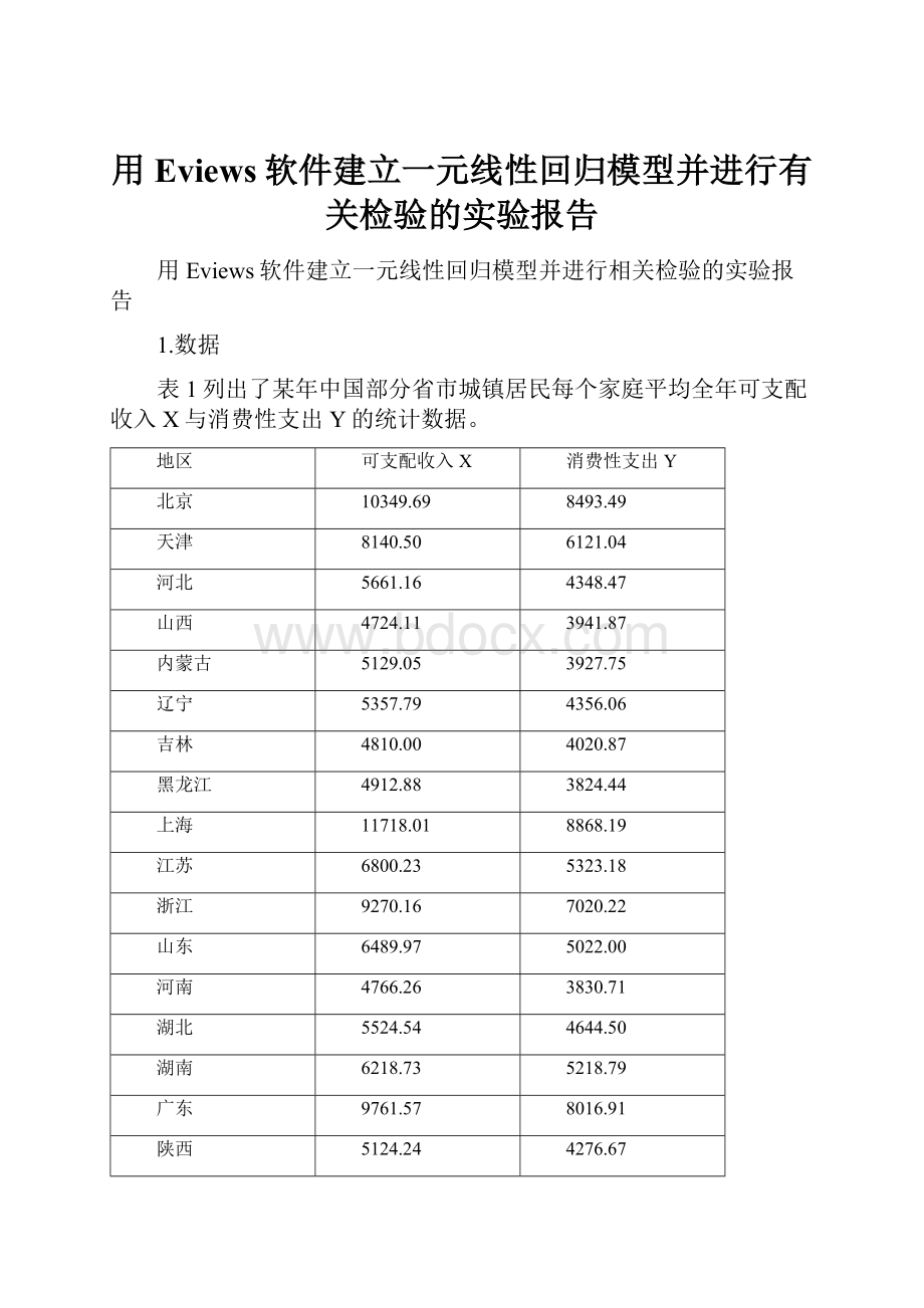 用Eviews软件建立一元线性回归模型并进行有关检验的实验报告.docx