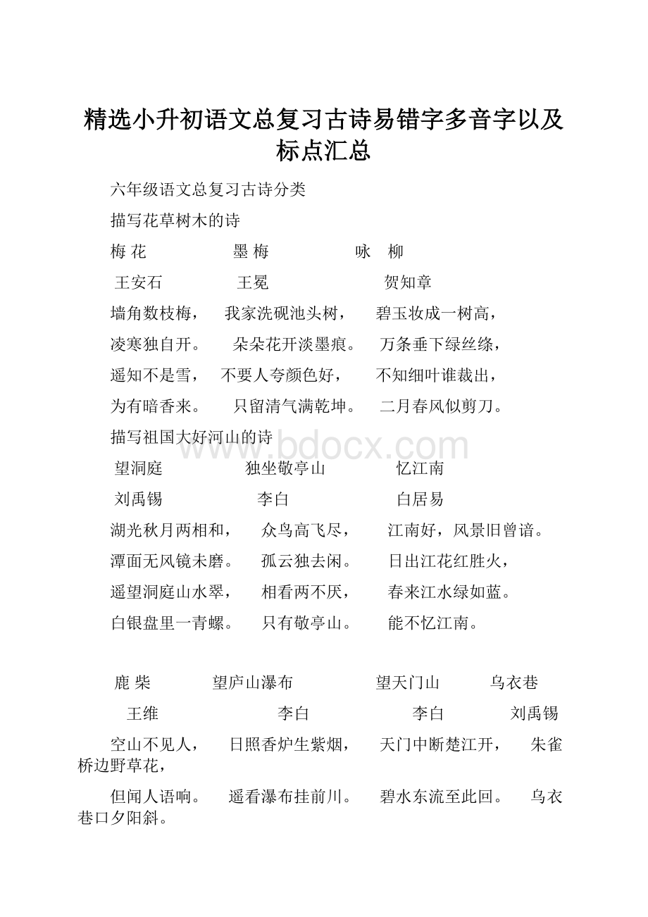 精选小升初语文总复习古诗易错字多音字以及标点汇总Word格式.docx