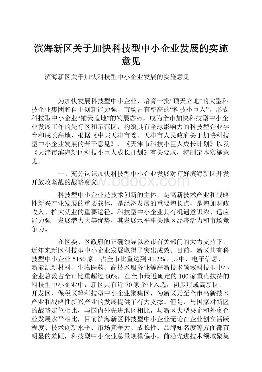 滨海新区关于加快科技型中小企业发展的实施意见.docx_第1页