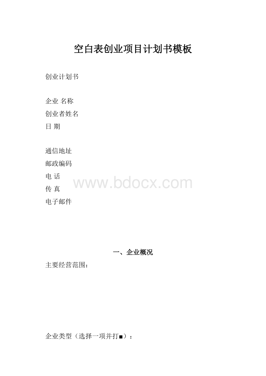 空白表创业项目计划书模板.docx