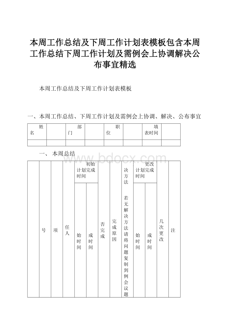 本周工作总结及下周工作计划表模板包含本周工作总结下周工作计划及需例会上协调解决公布事宜精选Word格式.docx