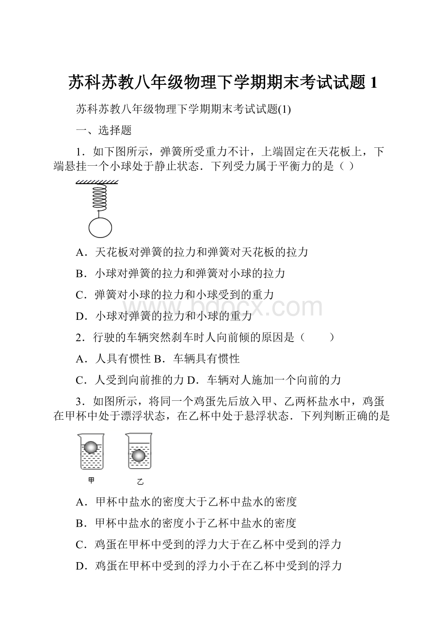 苏科苏教八年级物理下学期期末考试试题1.docx_第1页