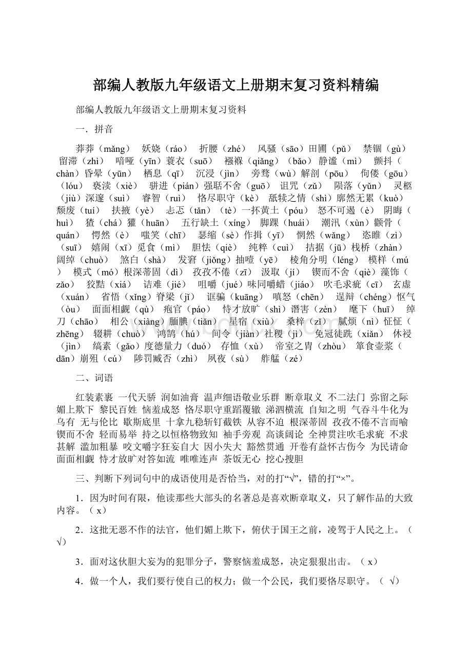 部编人教版九年级语文上册期末复习资料精编.docx