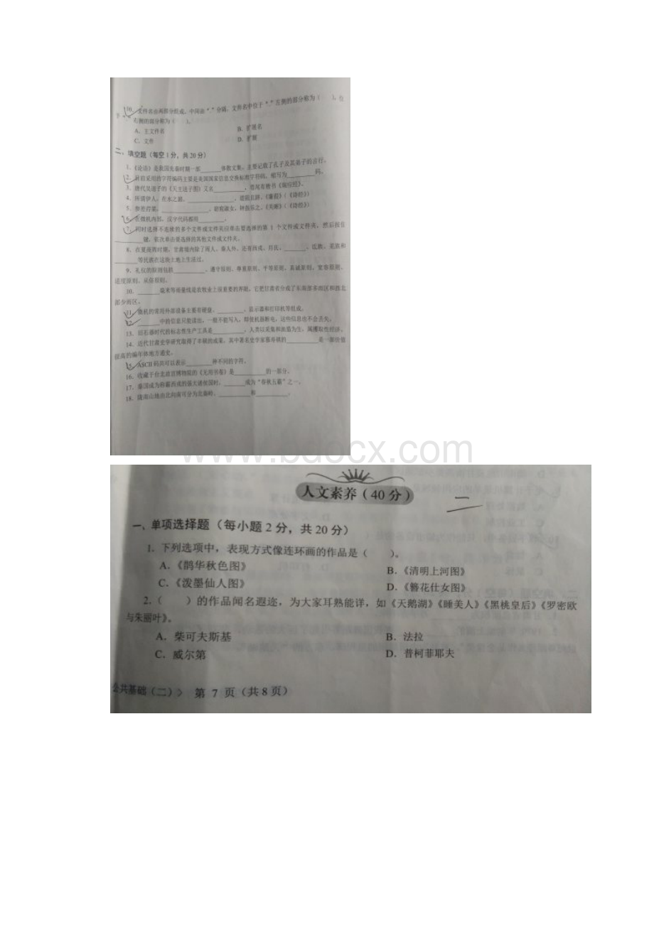 人文素养+计算机应用基础中职对口升学考试试题教学文稿Word格式.docx_第3页