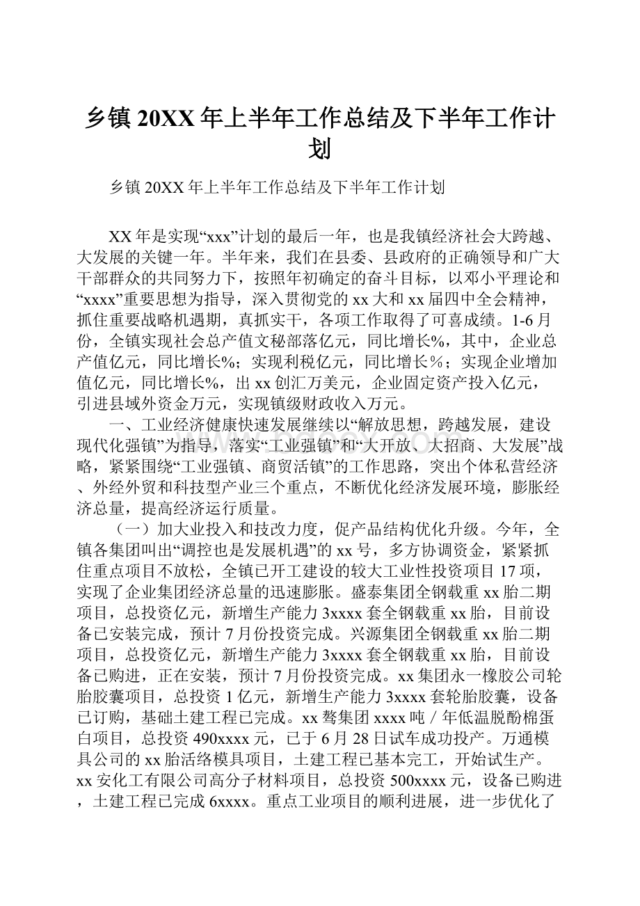 乡镇20XX年上半年工作总结及下半年工作计划.docx_第1页