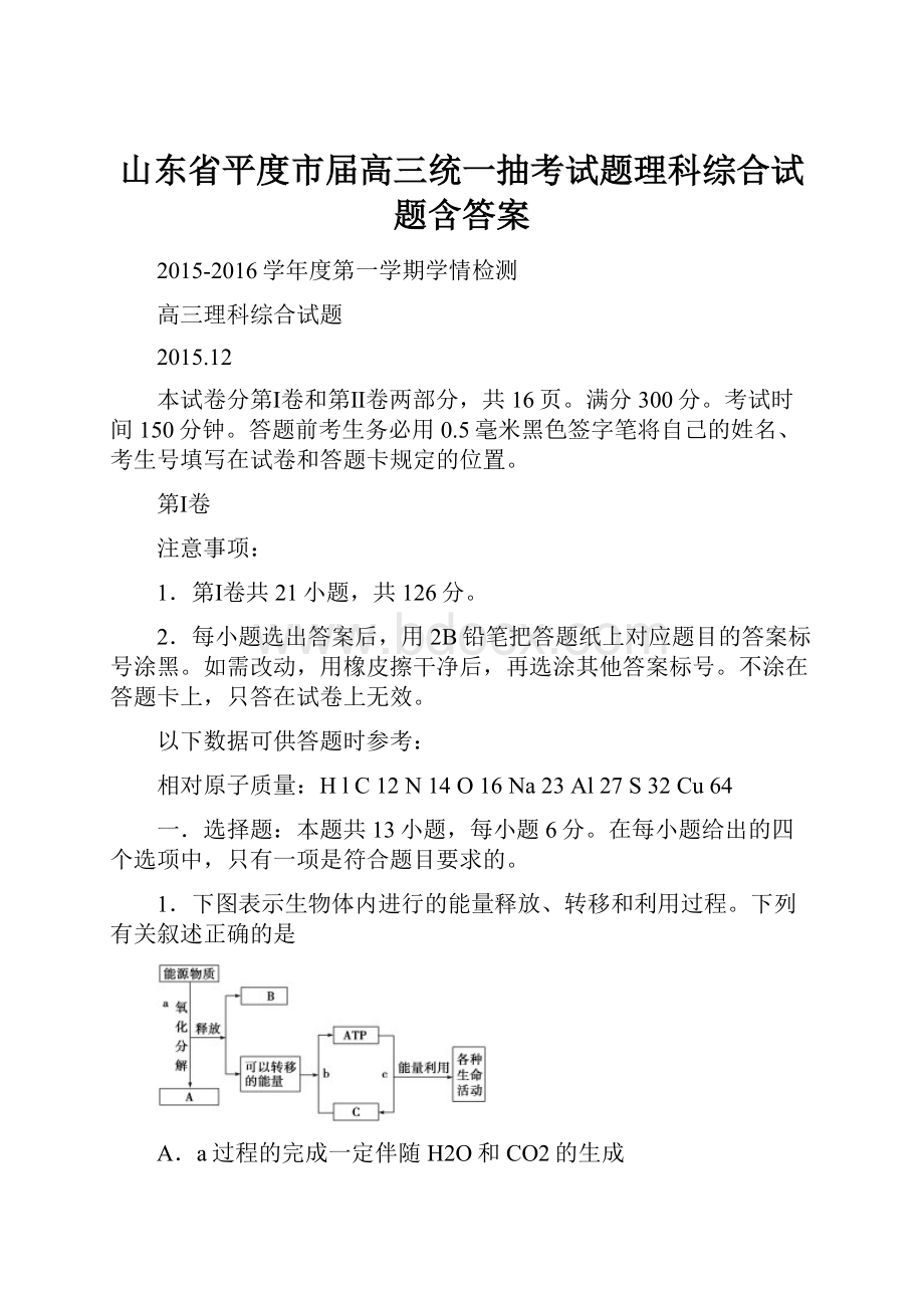 山东省平度市届高三统一抽考试题理科综合试题含答案.docx_第1页