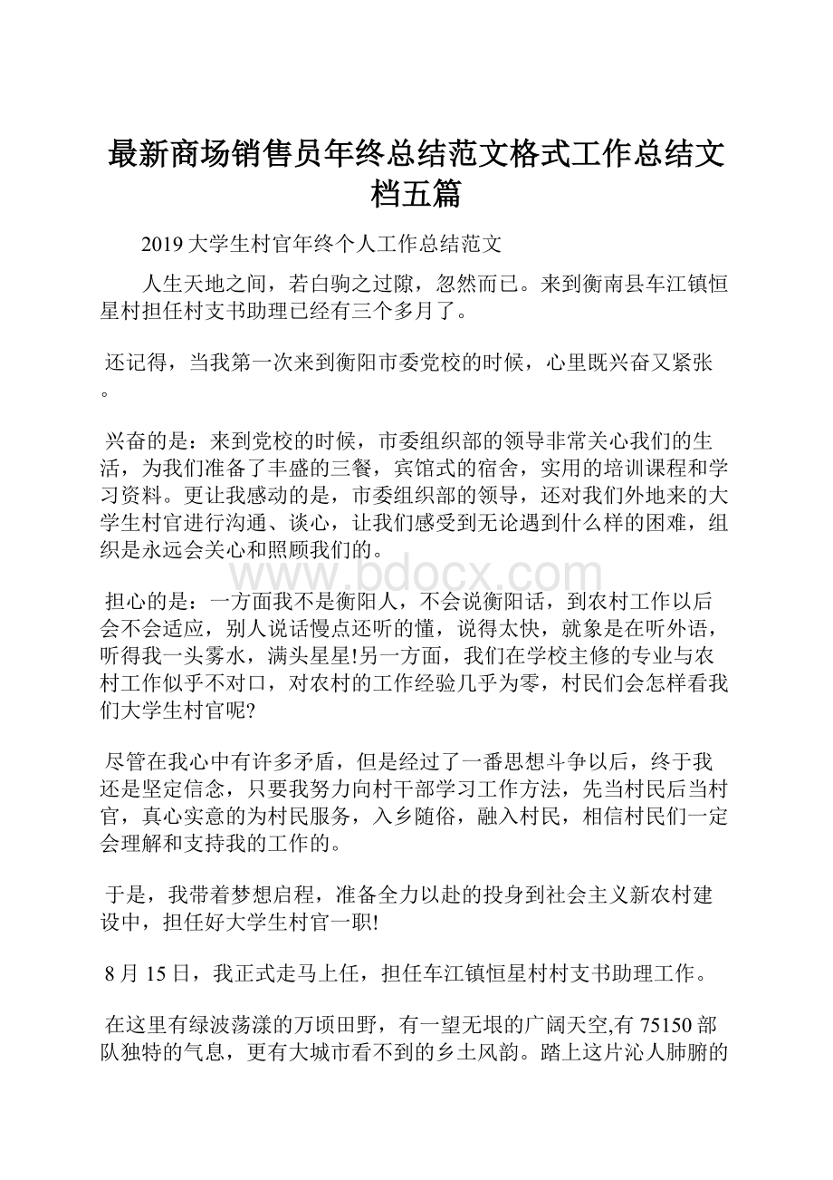 最新商场销售员年终总结范文格式工作总结文档五篇.docx