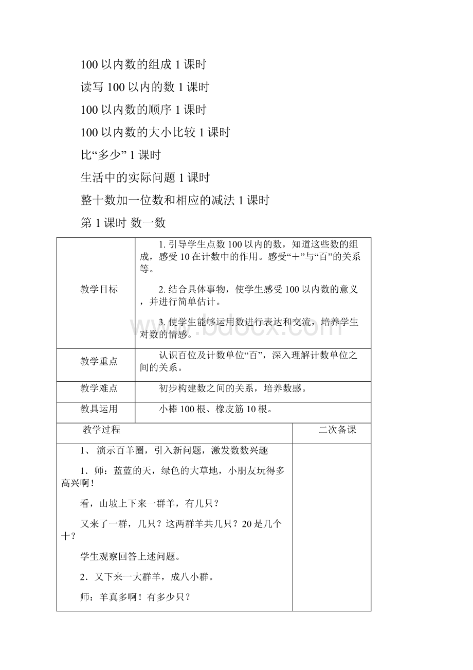 最新人教版一年级数学下册第四单元100以内数的认识集体备课教案Word格式文档下载.docx_第2页