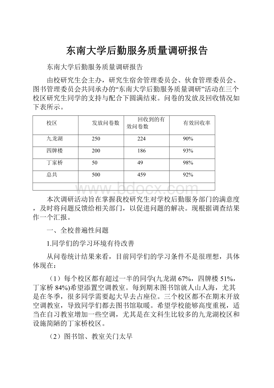 东南大学后勤服务质量调研报告Word文档格式.docx_第1页