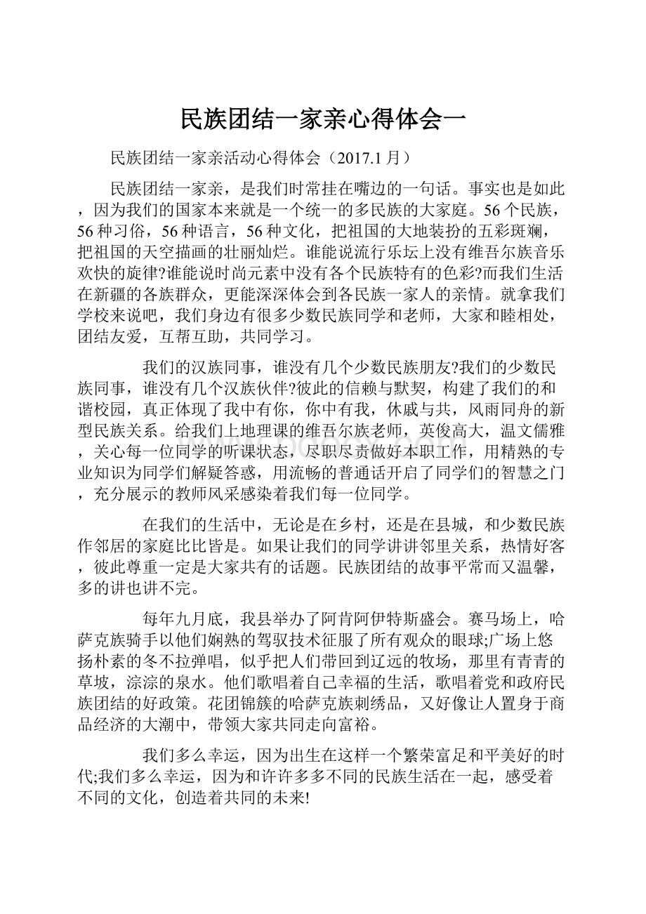 民族团结一家亲心得体会一Word文档下载推荐.docx