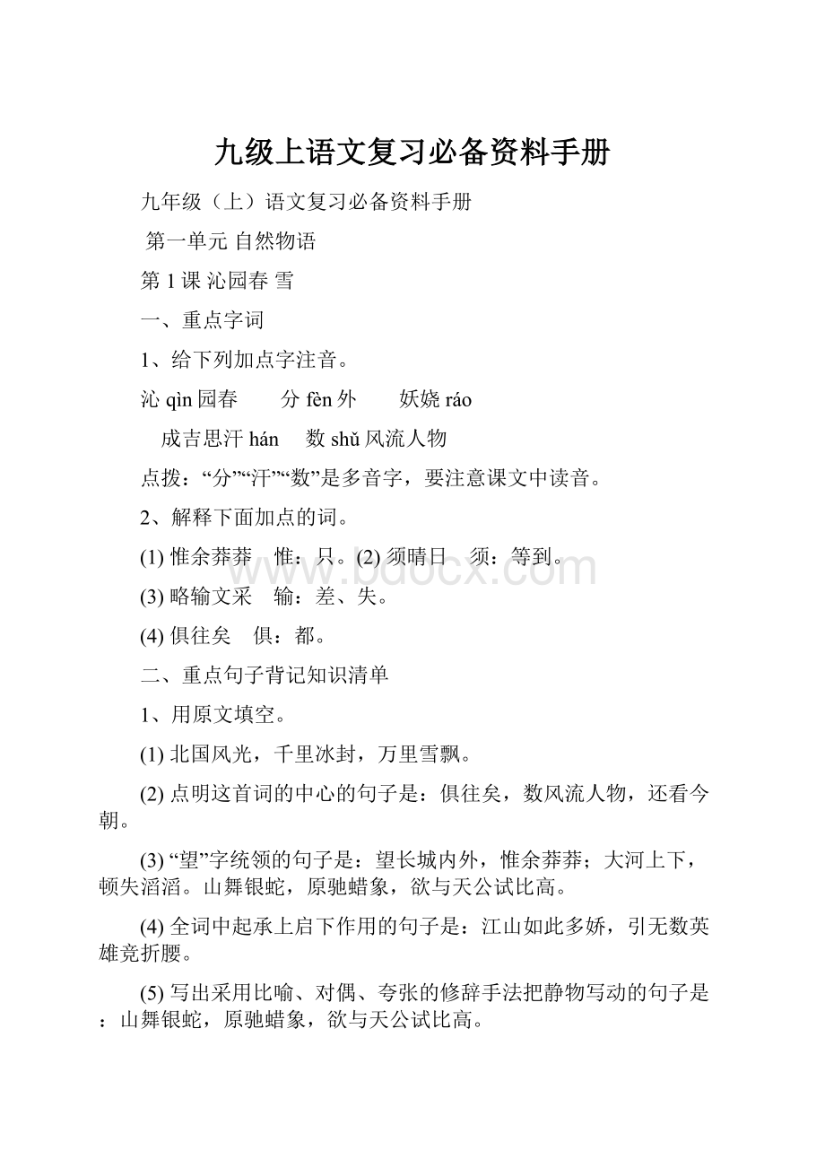 九级上语文复习必备资料手册Word文档格式.docx