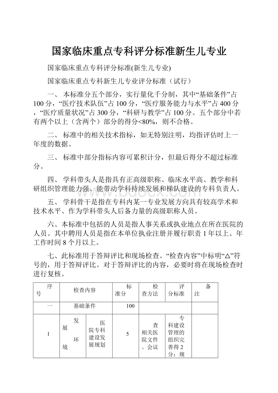 国家临床重点专科评分标准新生儿专业.docx