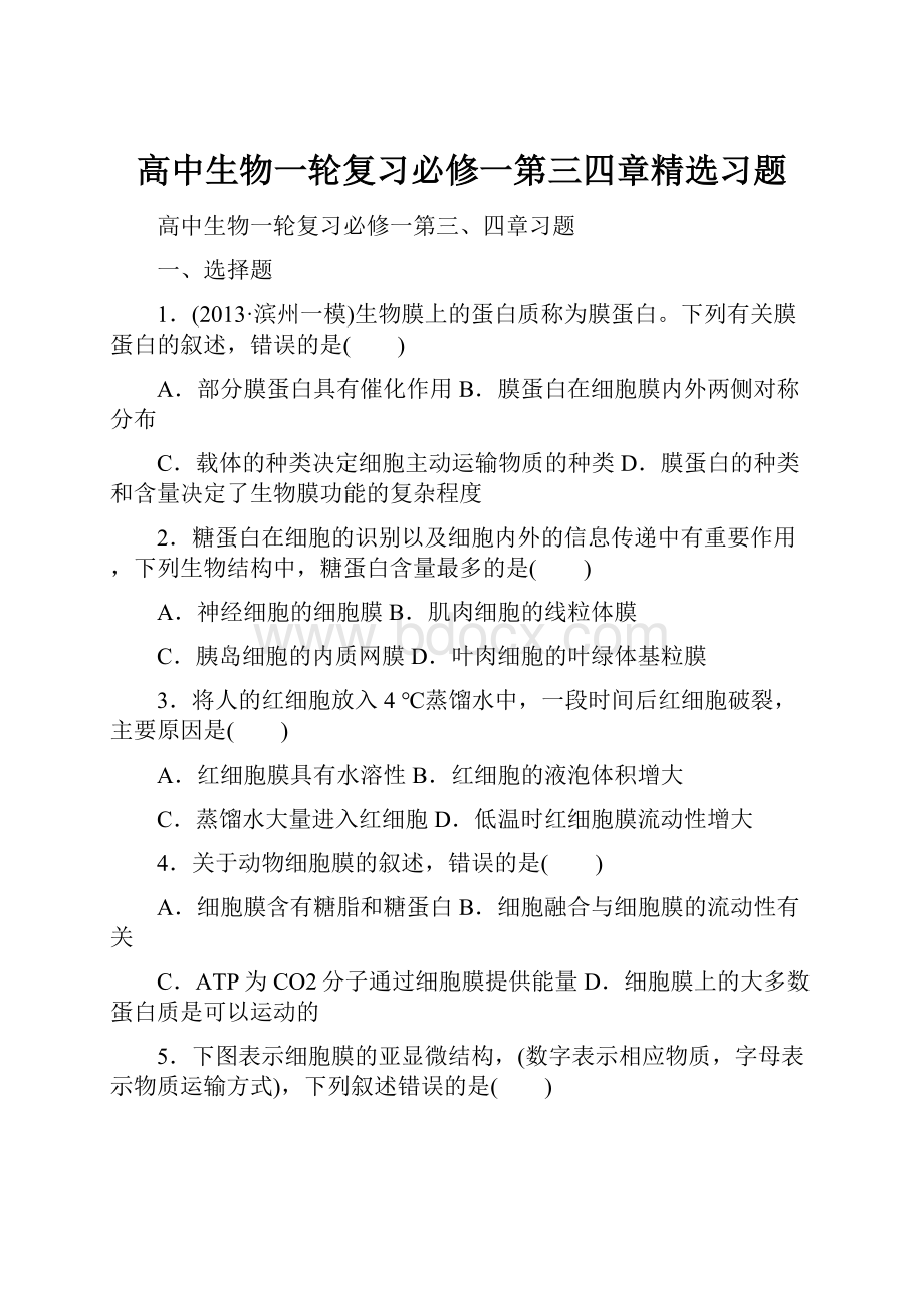 高中生物一轮复习必修一第三四章精选习题Word格式文档下载.docx