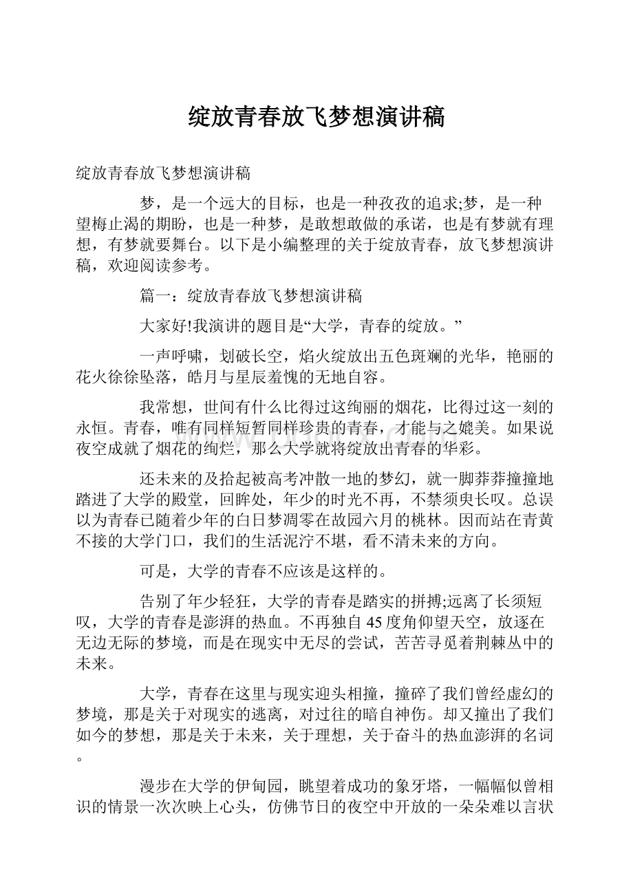 绽放青春放飞梦想演讲稿.docx_第1页