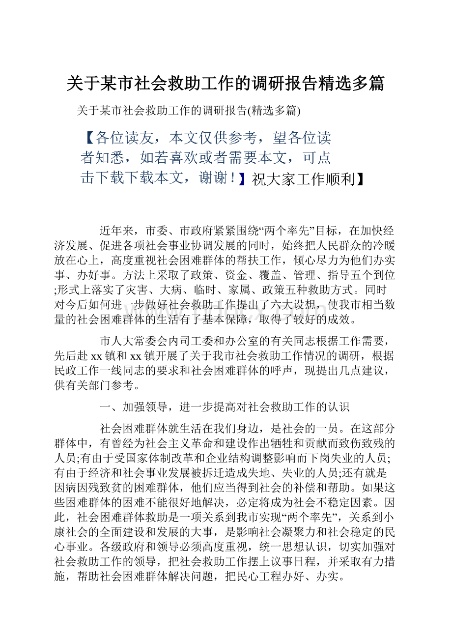 关于某市社会救助工作的调研报告精选多篇.docx