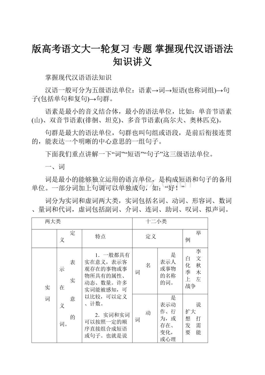 版高考语文大一轮复习 专题 掌握现代汉语语法知识讲义.docx