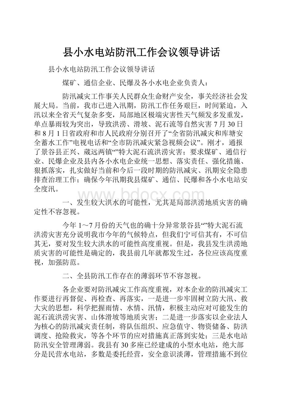 县小水电站防汛工作会议领导讲话Word下载.docx_第1页