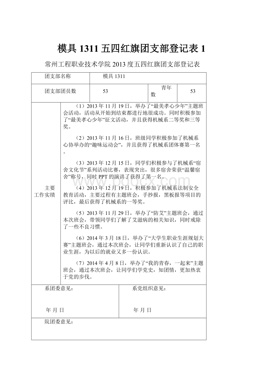 模具1311五四红旗团支部登记表 1Word文档下载推荐.docx