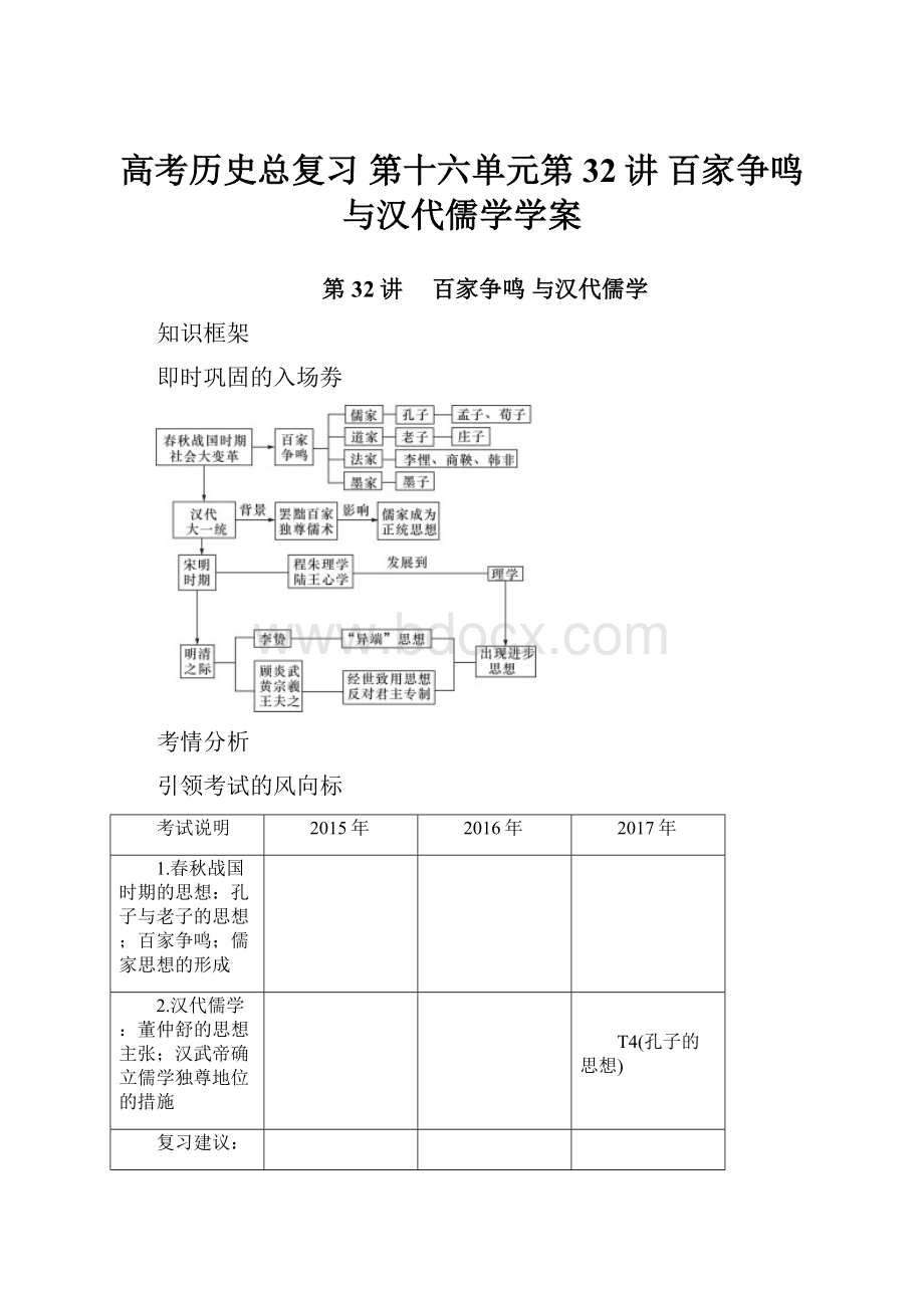 高考历史总复习 第十六单元第32讲 百家争鸣与汉代儒学学案Word格式.docx