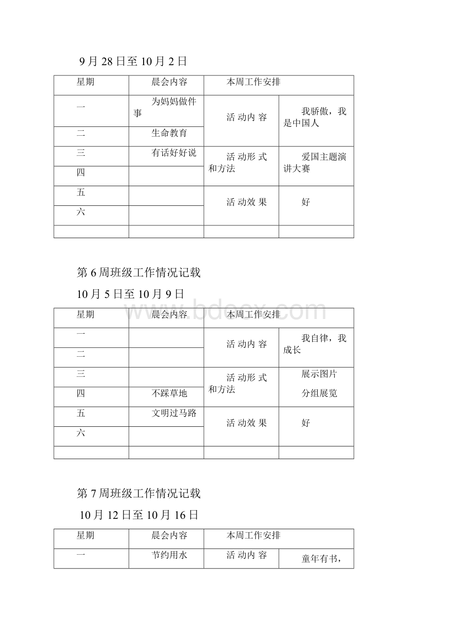 班主任工作手册 每周工作情况记载第一学期.docx_第3页