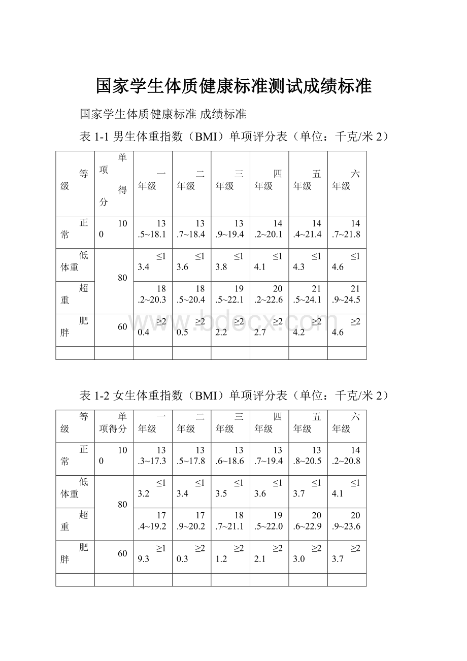 国家学生体质健康标准测试成绩标准Word格式文档下载.docx