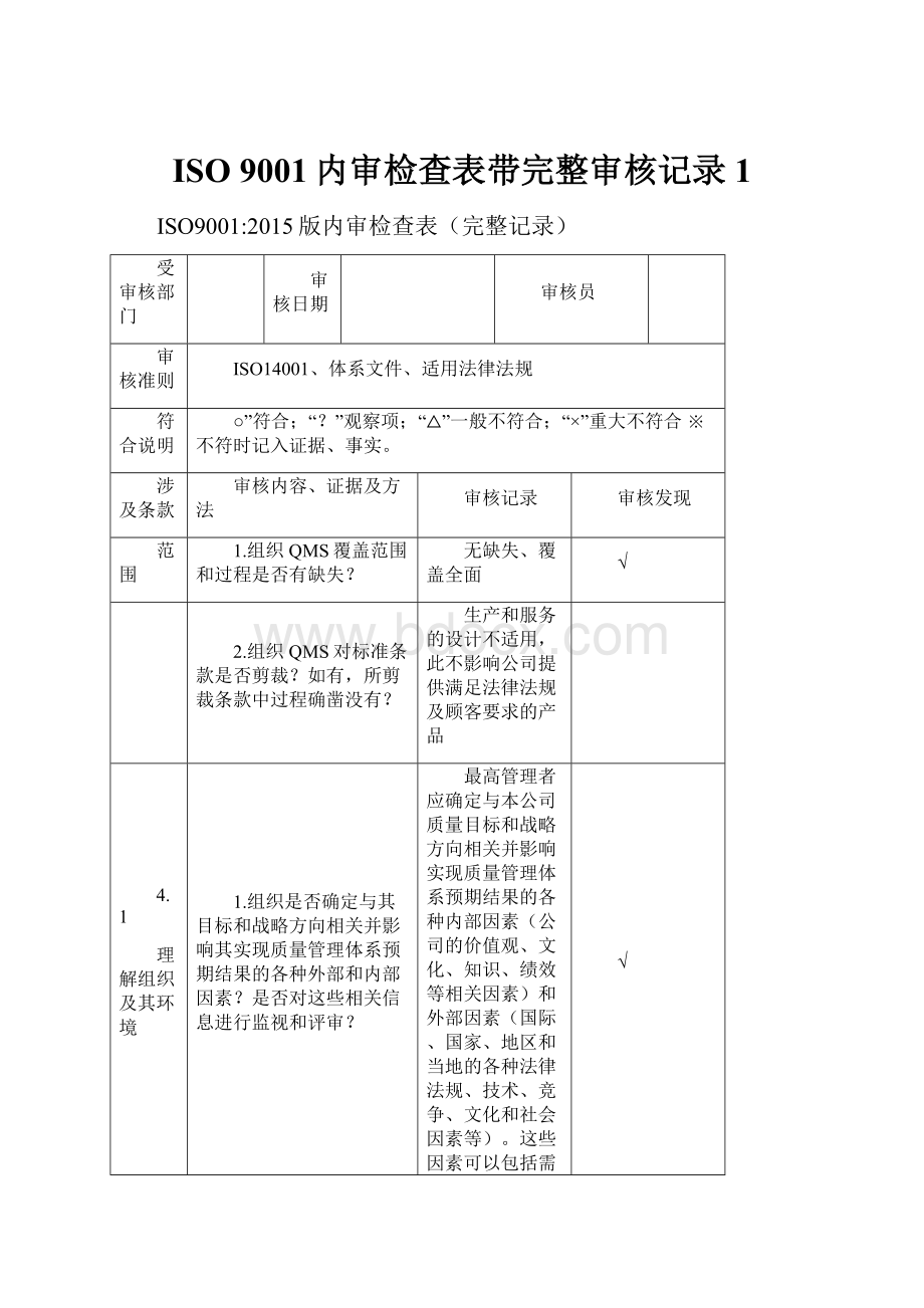 ISO 9001内审检查表带完整审核记录1文档格式.docx